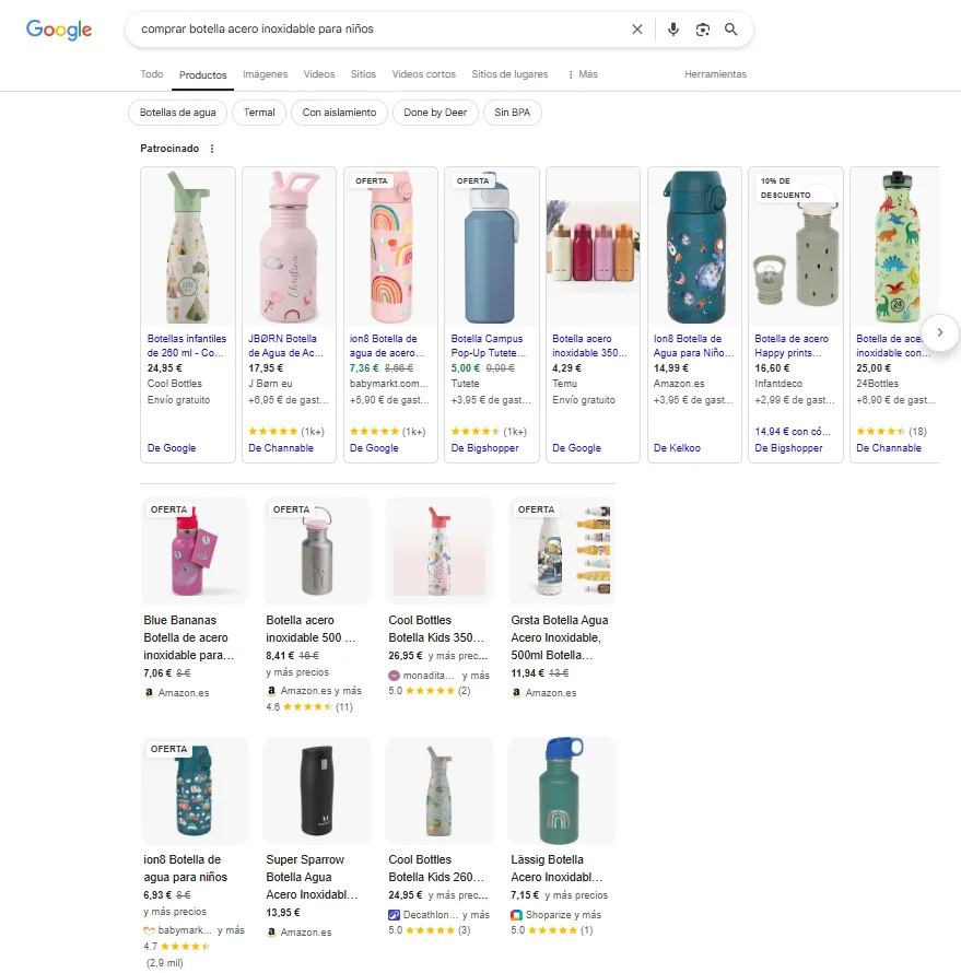 Resultado de búsqueda transaccional en la SERP de Google