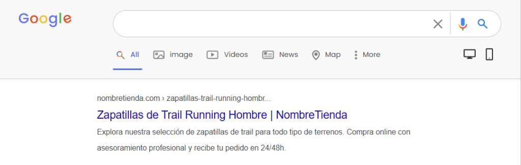 Ejemplo de snippet en Google con Etiqueta Title y Meta Descripción optimizadas para una tienda online